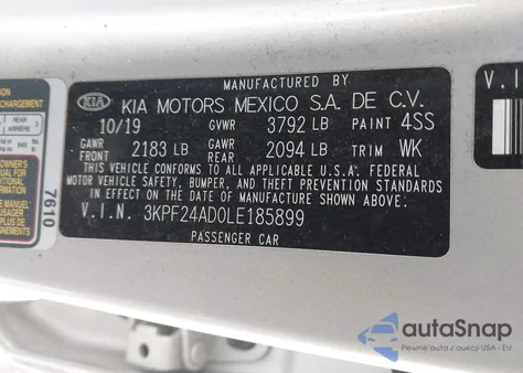 2020 Kia Forte Lxs z USA, uszkodzony, nr VIN 3KPF24AD0LE185899